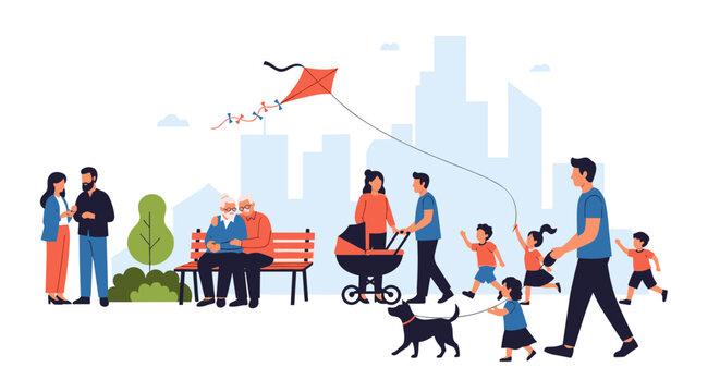 Diverse families enjoying a sunny day in a city park flying a kite and strolling with a dog