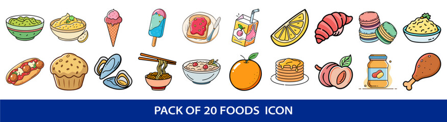 Collection of twenty colorful and detailed food icons on a white background