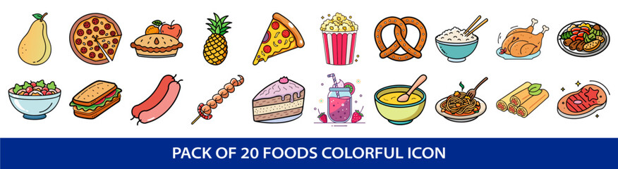 Various Delicious Food Icon Set Including Fruits, Snacks, Main Courses, and Desserts