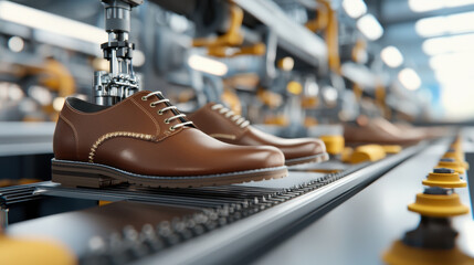 Detailed view of brown leather shoes on production line, showcasing manufacturing process in modern factory setting