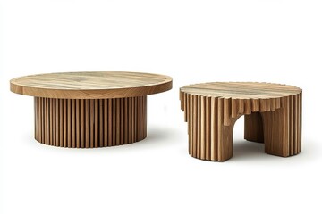 Two light wood coffee tables, one round and one short with slatted design, isolated on white background in product display style
