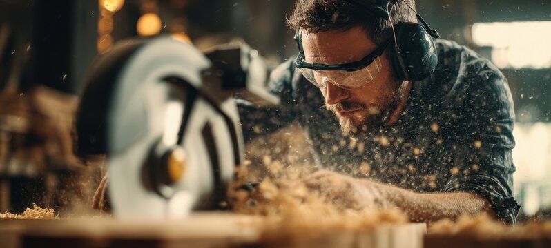 The craftsman concentrates intently while using a circular saw in the workshop.