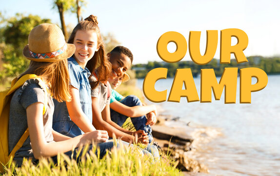 Our camp, summer vacation. Group of children with backpacks on coast