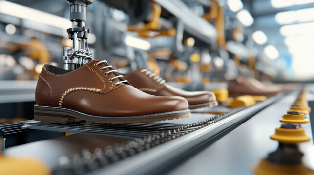 Detailed view of brown leather shoes on production line, showcasing manufacturing process in modern factory setting