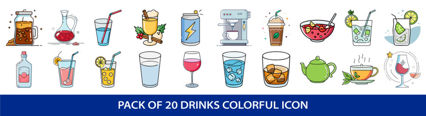 Set of Twenty Colorful Drink Icons Vector Illustration Perfect for Design