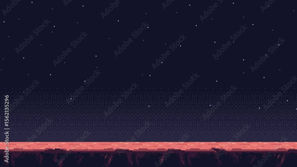 Poster pixel art game level background animation with a starry sky and orange ground. sci-fi space landscap