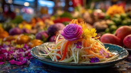 Fototapeta premium A colorful Som Tam salad with papaya strands, garnished with edible flowers and a carved radish rose, vibrant market setting, lively and fresh atmosphere