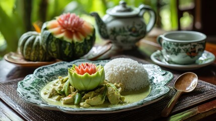 A beautifully arranged plate of Green Curry with jasmine rice, topped with a carved melon lotus, elegant Thai tableware, lush tropical backdrop
