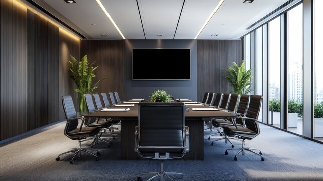 Modern corporate conference room with u-shaped meeting table, wall-mounted tv screen, ergonomic office chairs, and minimalistic professional interior in contemporary business office
- Powered by Adobe
