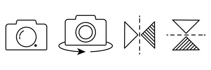 Camera rotate flip mirror transformation icons in line style for image editing tool photo modify interface vector illustration.