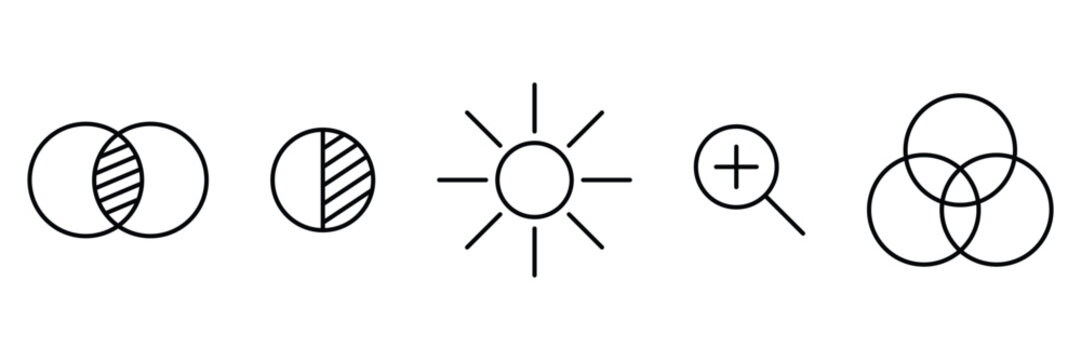 Image editor tool icons with brightness contrast zoom blend shape overlap filter settings vector symbol flat design illustration.