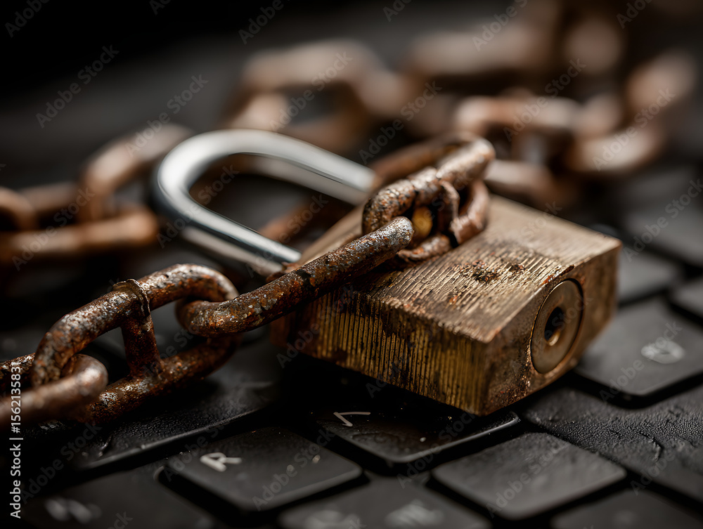 Aufkleber chain with lock on computer keyboard. it means laptop banned or internet banned. symbol of computer 
