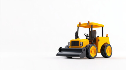 Bright yellow construction vehicle with black plow attachment, designed for snow removal or road maintenance, stands on clean white background