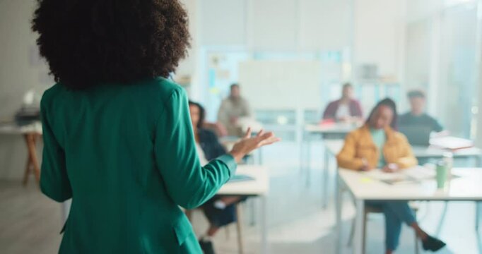 Presentation, education and POV of teacher with students, knowledge and learning in classroom. Support, communication and educator lady for physics solution, problem solving and answer discussion