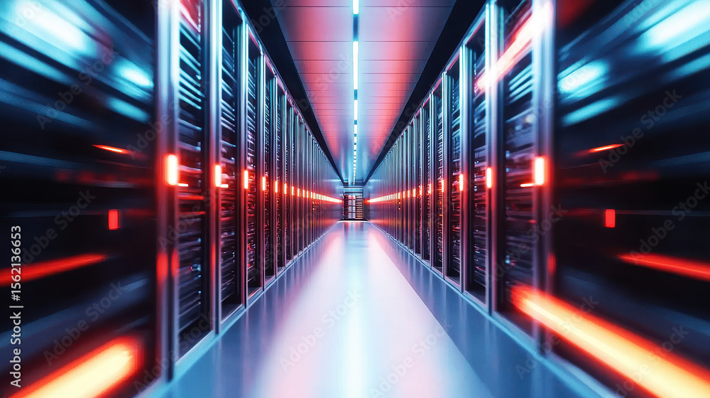 Aufkleber futuristic data center corridor with illuminated server racks, showcasing advanced technology and vi