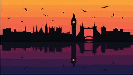 Silhouette of london skyline with famous landmarks reflected in water at sunset