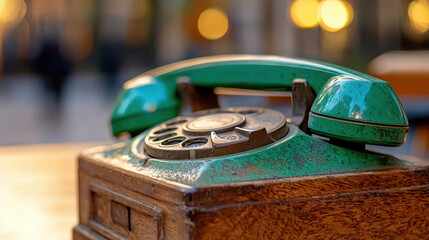 Antique telephone with green receiver and wooden base, showcasing vintage charm and nostalgia in blurred background
