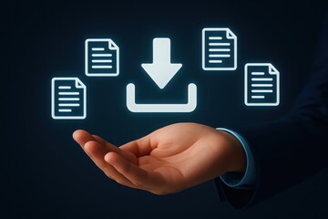 A businessman presents a glowing download icon with multiple documents