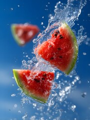 Slices of watermelon splashing in water against a blue background