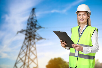 Power engineer in hard hat holding clipboard against high voltage tower