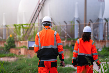 Two engineers in high-visibility safety gear and hard hats discuss project plans on a laptop in...