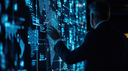 Businessman interacting with digital map display, showcasing advanced technology and data visualization. scene conveys innovation and modernity