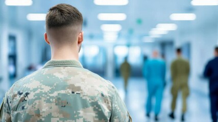 Male soldier in uniform standing in a hospital corridor. Medical personnel and other soldiers in the background. Concept of military health checkup, medical screening, and healthcare system - Powered by Adobe