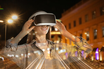 Happy woman using virtual reality headset, multiple exposure with cityscapes