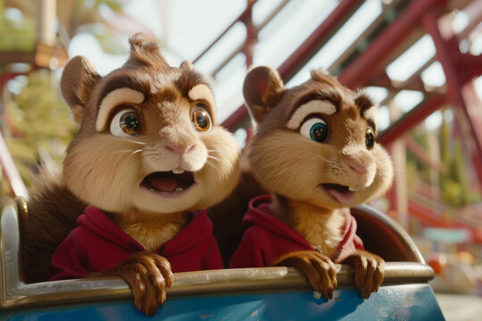 Two wide-eyed chipmunks, Alvin and Simon, look shocked and excited while riding a roller coaster at an amusement park.