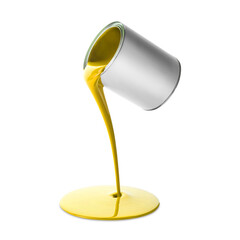 Golden paint pouring out of can on white background