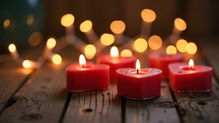 Heart shaped candles glow softly on rustic wooden surface surrounded by warm fairy lights creating cozy romantic atmosphere, valentines day background
