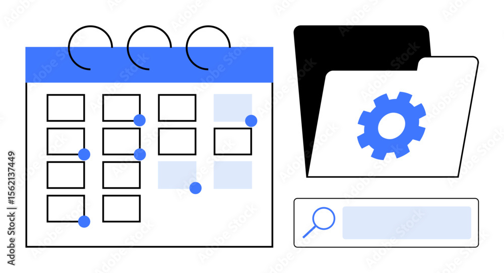 Poster calendar with marked dates, gear icon within a folder, and search bar for productivity. ideal for sc