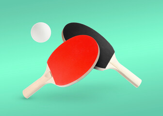 Ping pong rackets and ball in air against turquoise background