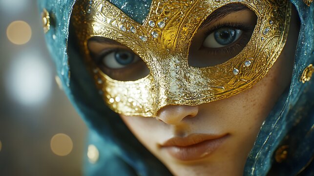 Woman in Golden Mask with Closeup.