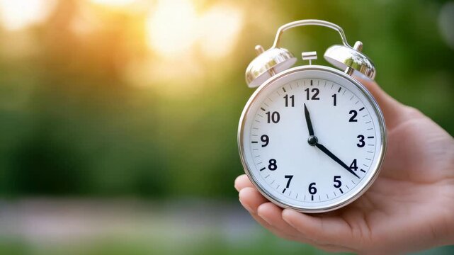 Hand holding classic alarm clock outdoors with natural sunlight. Concept of daylight saving time, time change, punctuality, time management, and seasonal adjustment