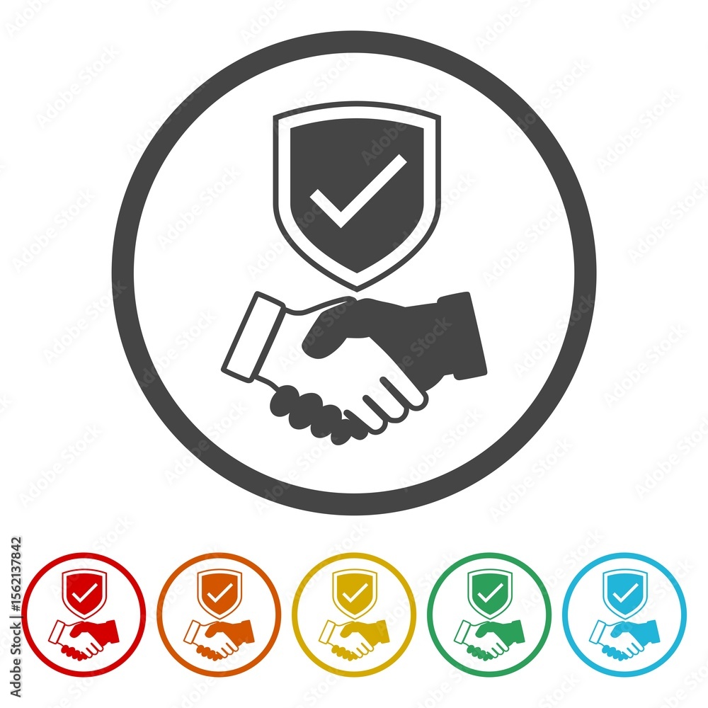Poster handshake and shield icon. set icons in color circle buttons