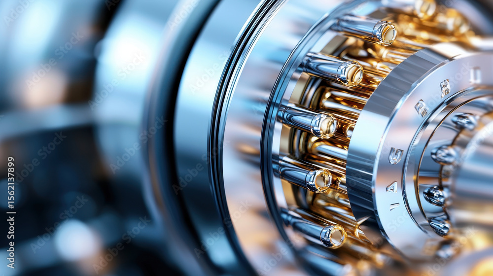 Poster high resolution close up of metallic mechanical component showcasing intricate details and reflectio