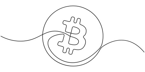 Single continuous line art bitcoin cryptocurrency, Continuous line drawing of bitcoin cryptocurrency silhouette. Blockchain, finance and banking technology concept drawn by one line, Bitcoin coin