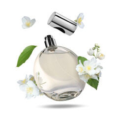 Bottle of floral perfume and jasmine flowers in air on white background