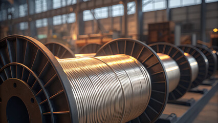 Large Industrial Cable Spools with Metallic Wire Coils in a Factory Setting.