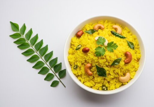 Delicious indian poha breakfast dish garnished with cashews and curry leaves