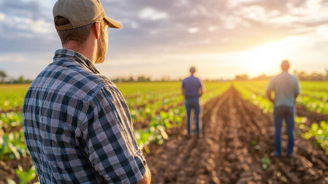 Farmer stands in field, observing sunset with two others in background, showcasing beauty of agriculture and teamwork
