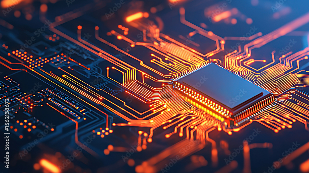 Aufkleber close up view of glowing circuit board with intricate patterns and central microchip, showcasing tec