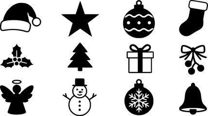 A collection of classic Christmas icons in a simple black and white design.