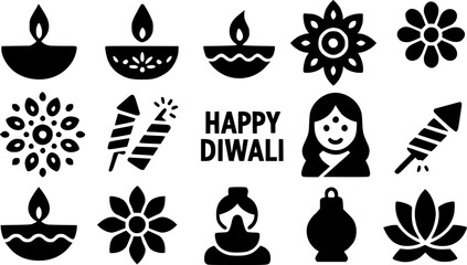 A collection of black and white Diwali icons, perfect for digital projects, marketing materials, and website graphics.