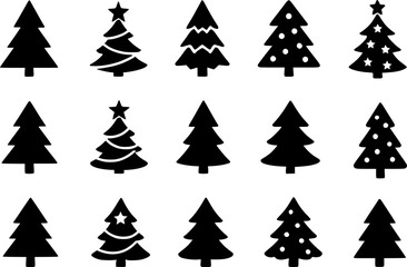 A set of twelve simple, black Christmas tree silhouettes with varied decorations.