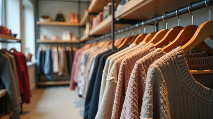 Background of women's fashion retail store, hangers with sweaters and shelves with fashion accessories 