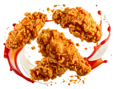  Floating Crispy Chicken Tenders with Splashes of Ketchup and Mayo, Isolated PNG