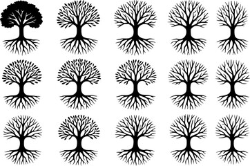 Set of Black and White Tree Silhouettes with Roots