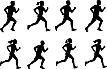 A collection of dynamic black silhouettes of men and women running.